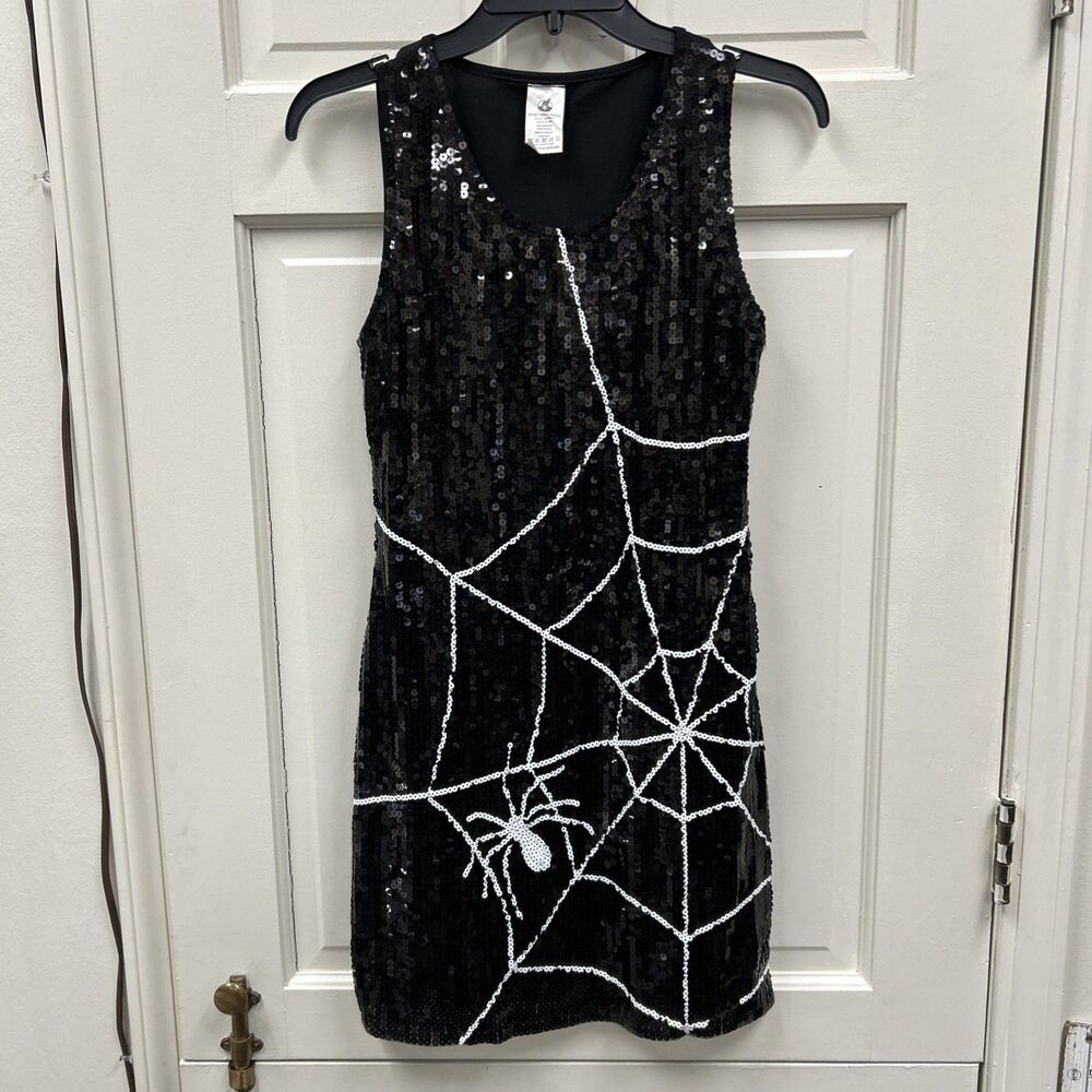 Spirit Halloween Tank Top Dress Womens Black White Sequin Whimsy Goth Dark M 33”